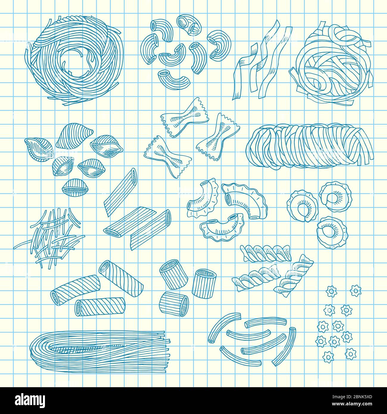 Vector Hand gezeichnet Pasta Arten Stock Vektor