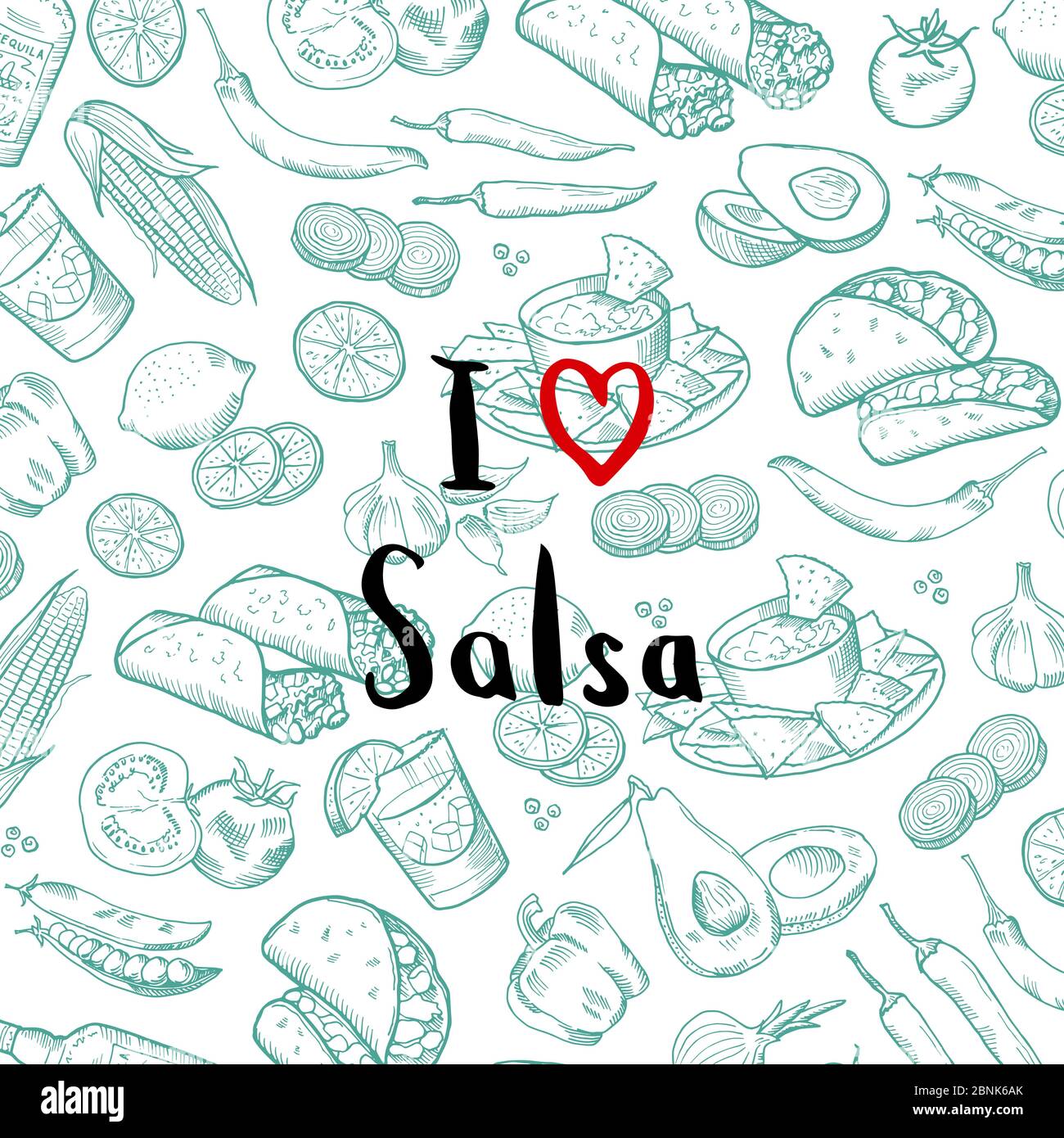 Vektor skizziert mexikanische Lebensmittel-Elemente Hintergrund mit Schriftzug Stock Vektor