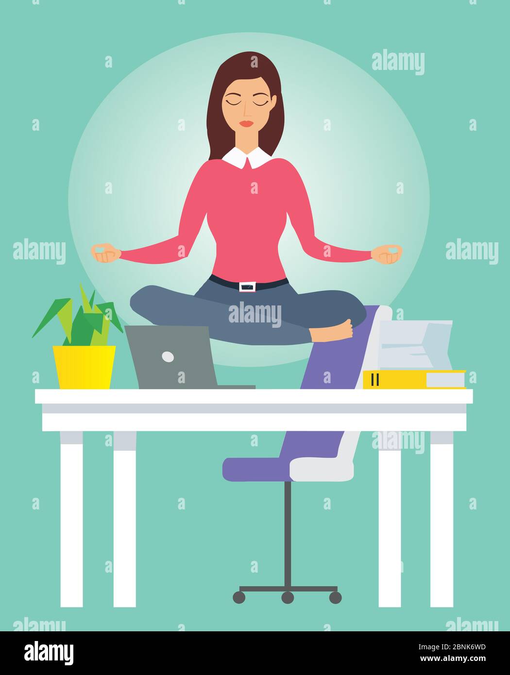 Geschäftsfrau, die Yoga macht, um die stressige Emotion von harter Arbeit im Büro über dem Schreibtisch mit Büroobjekten auf dem Hintergrund zu beruhigen. Konzept der Meditation Stock Vektor