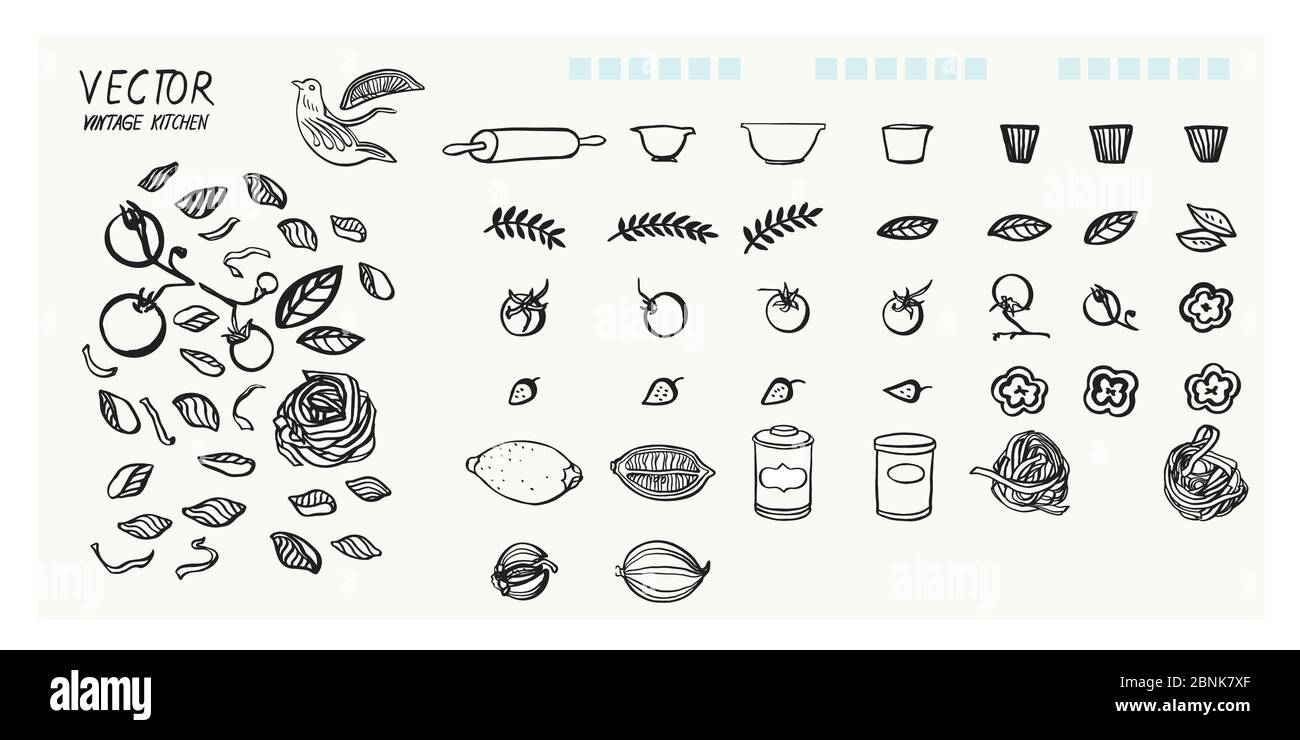Handgezeichnete vintage Küche Lebensmittel Illustration Set, Grußkarte, Tomaten, Nudel, Zitrone, Küche tragen Symbol. Schwarzer Umriss. Pinsel gemalt moderne Symbol-Kit auf weißem Hintergrund isoliert Vektor Stock Vektor