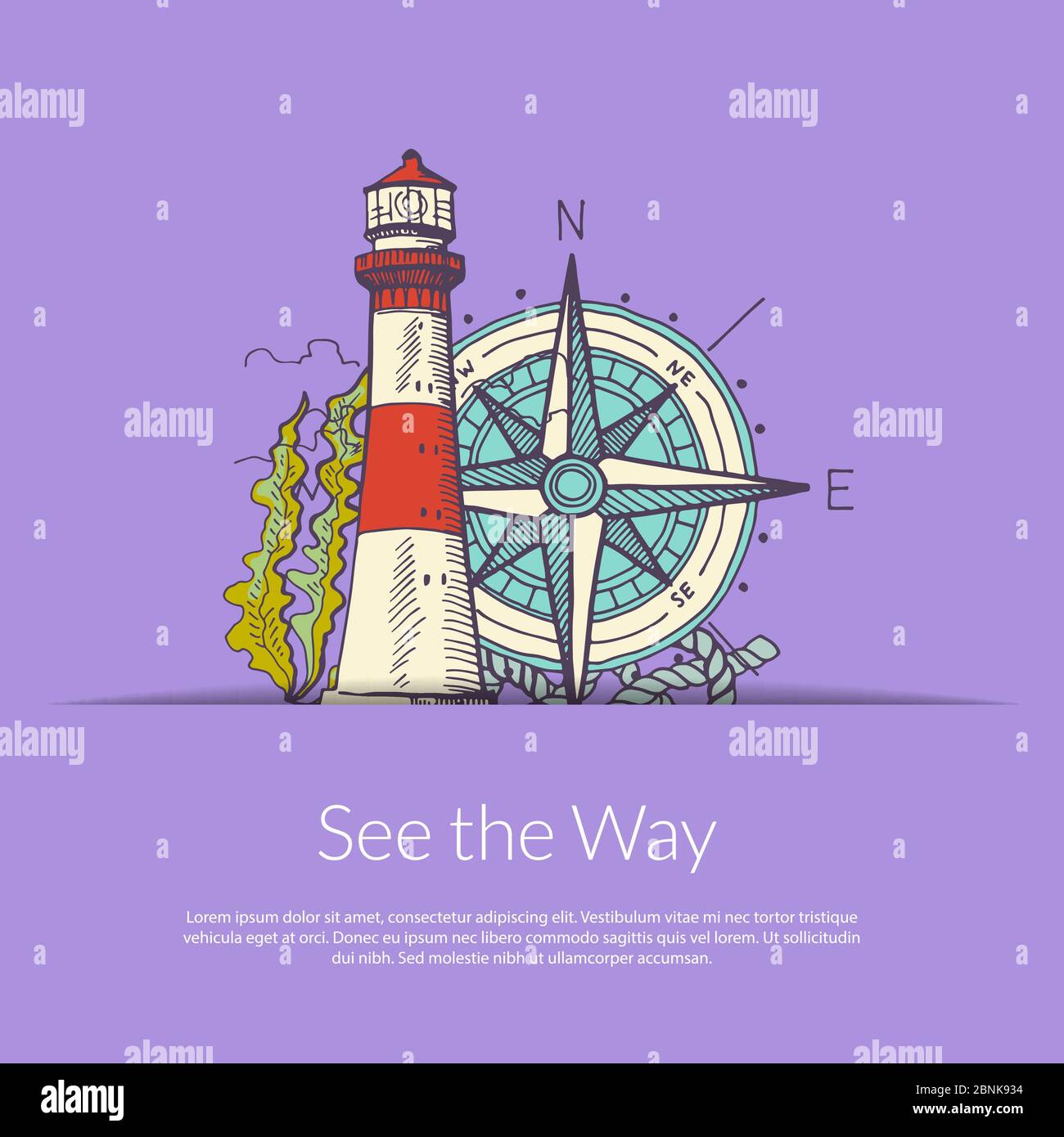 Seeschifffahrt Leuchtturm und Windrose Stock Vektor