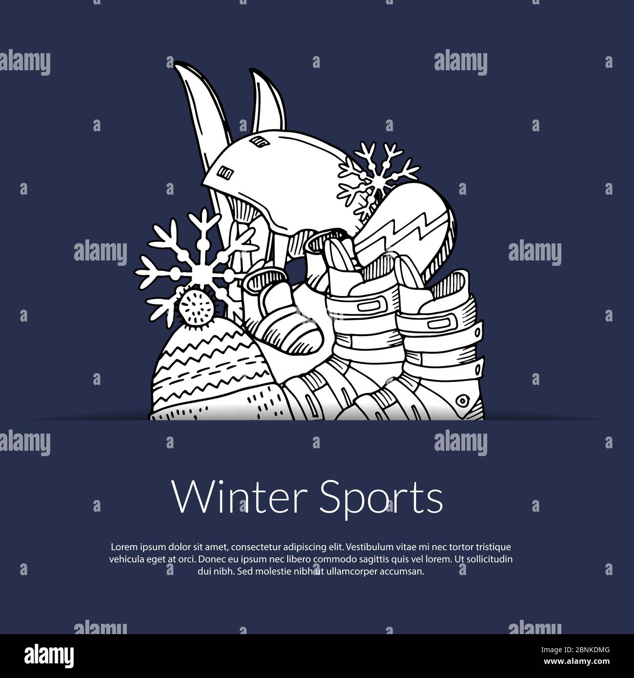 Vektor handgezeichnete Wintersportausrüstung und Attribute in der Tasche Illustration mit Platz für Text Stock Vektor