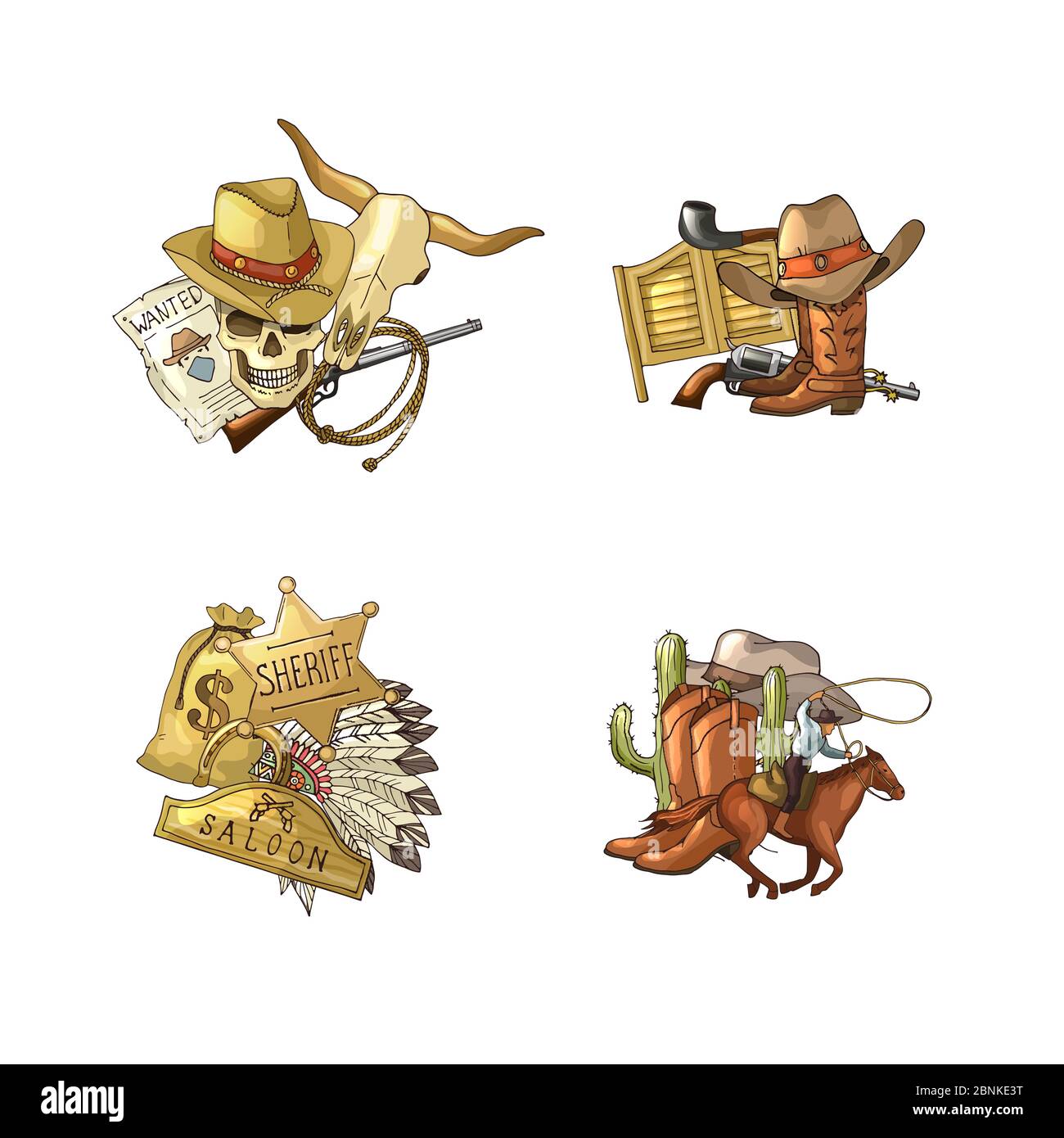 Vektor Hand gezeichnet wilden Westen Cowboy Elemente Stapel auf weißem Hintergrund isoliert gesetzt Illustration Stock Vektor