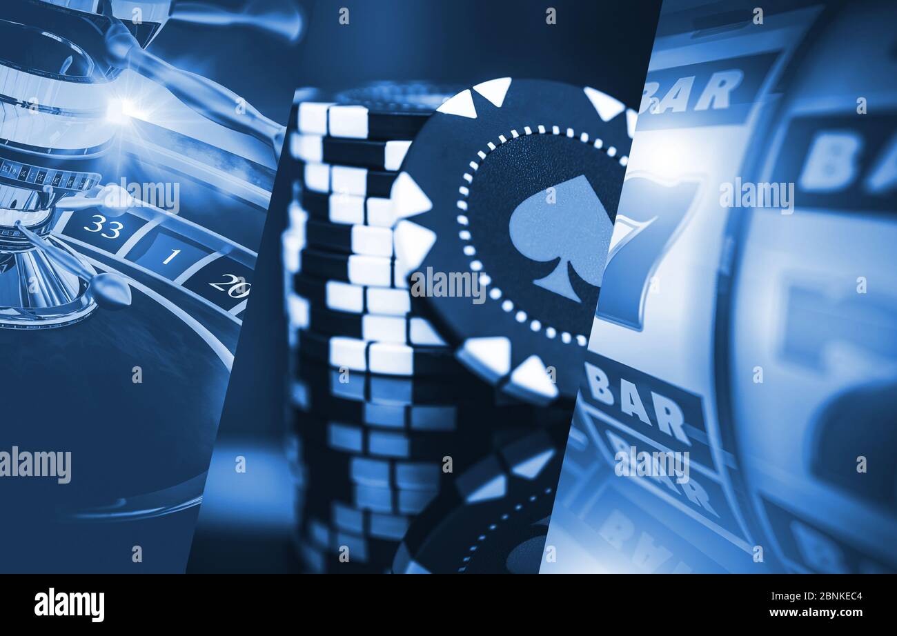 Drei Bilder Von Casino Konzept Mit Roulette Poker Chips Und Spielautomat. Stockfoto