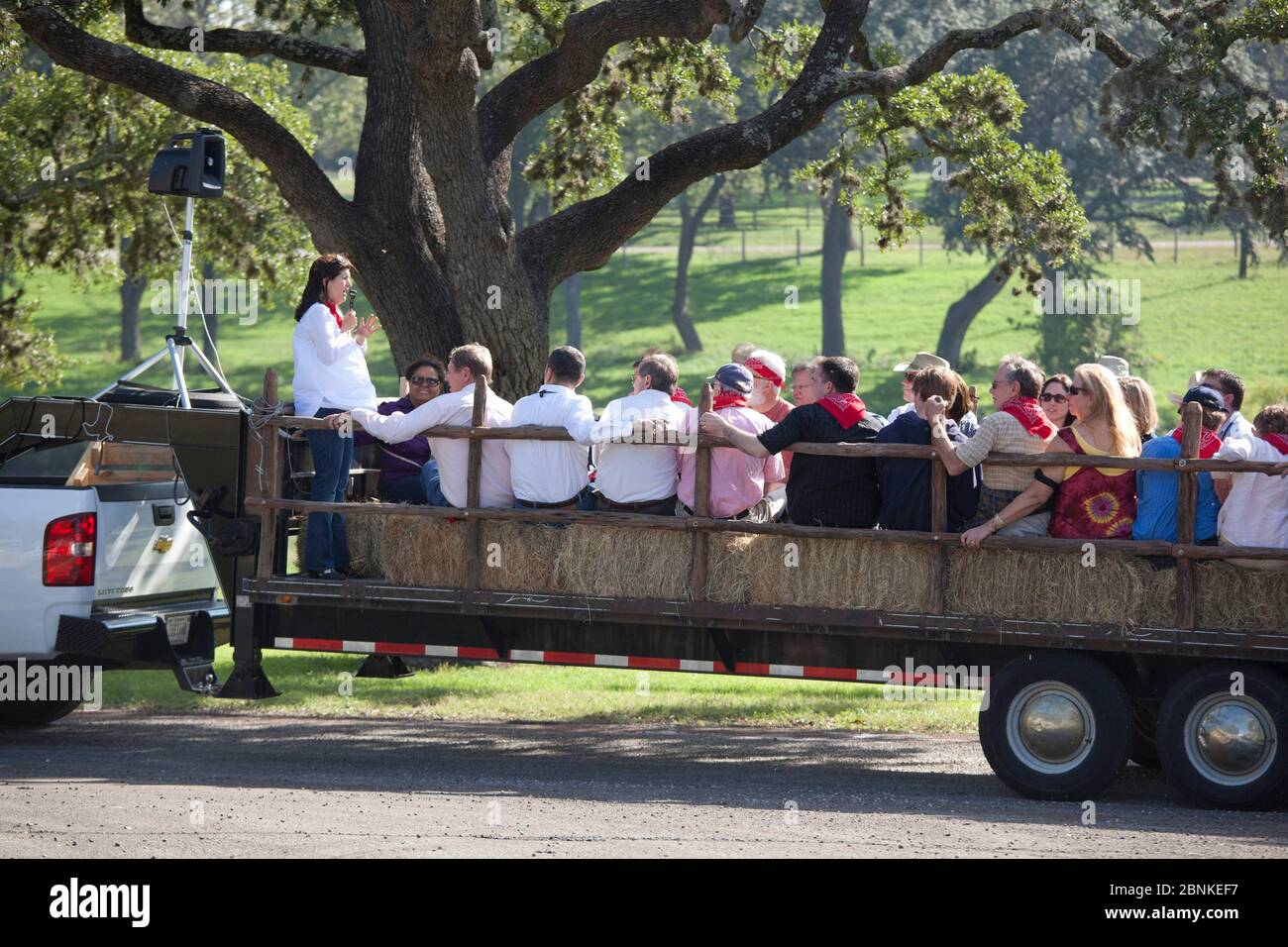 Stonewall Texas, USA, Oktober 2012: Die ehemalige erste Tochter Luci Baines Johnson Turpin (im Wagen) führt eine Heufahrt auf der LBJ Ranch. Bekannt als „Weißes Haus von Texas“, als Lyndon Baines Johnson von 1963 bis 1968 Präsident war, wurde die Ranch erst seit dem Tod seiner Witwe, Lady Bird Johnson, im Jahr 2007 für Führungen geöffnet. ©Bob Daemmrich Stockfoto