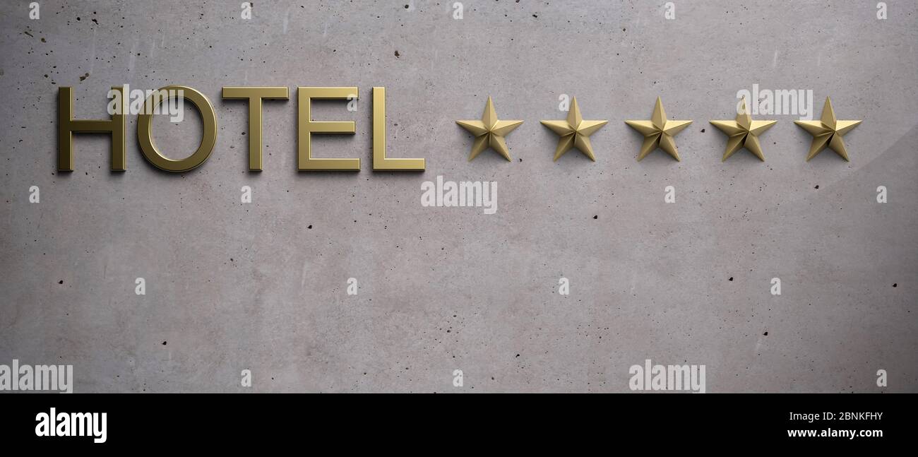 Hotel 5 Sterne goldfarbenes Schild. Glänzendes Messing und 5 Sterne auf Betonstein Hintergrund, Luxushotel. 3d-Darstellung Stockfoto