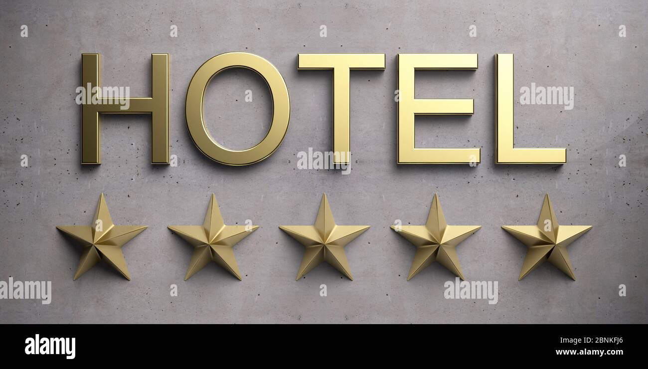 Hotel 5 Sterne goldfarbenes Schild. Glänzendes Messing und 5 Sterne auf Betonstein Hintergrund, Luxushotel. 3d-Darstellung Stockfoto