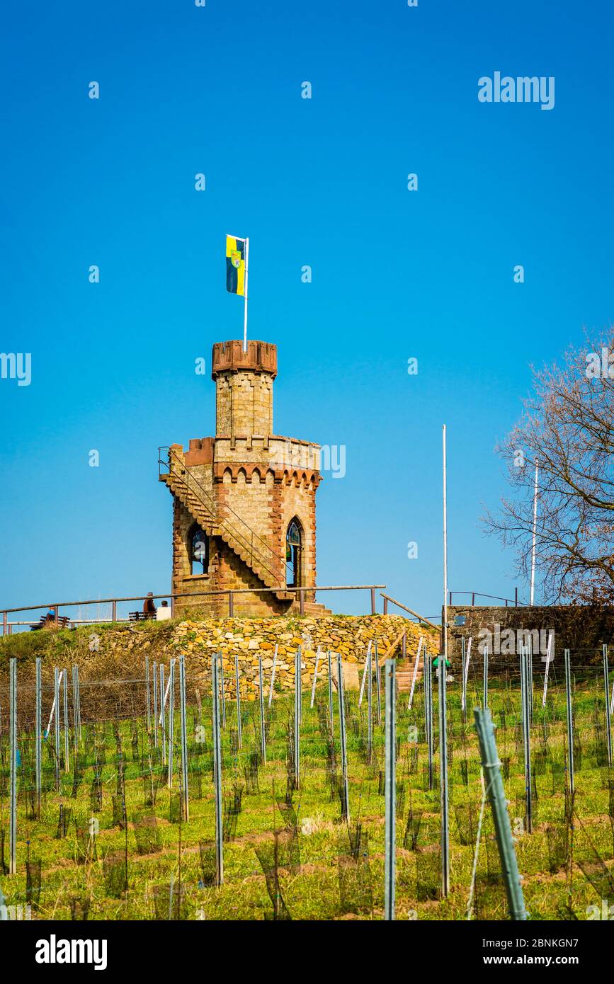 Fahnenturm in Bad Dürkheim, neugotischer Sandsteinbau, achteckiger Kuppelsaal mit Spitzbogenfenstern mit Buntglas, Außentreppe, im Volksmund "Kaffeemühle" genannt, Stockfoto