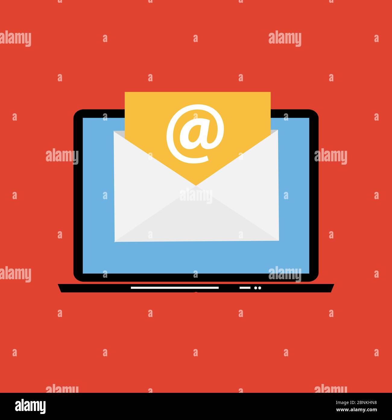 E-Mail Marketing Konzept flacher Hintergrund mit Laptop. Vektorgrafik Stock Vektor