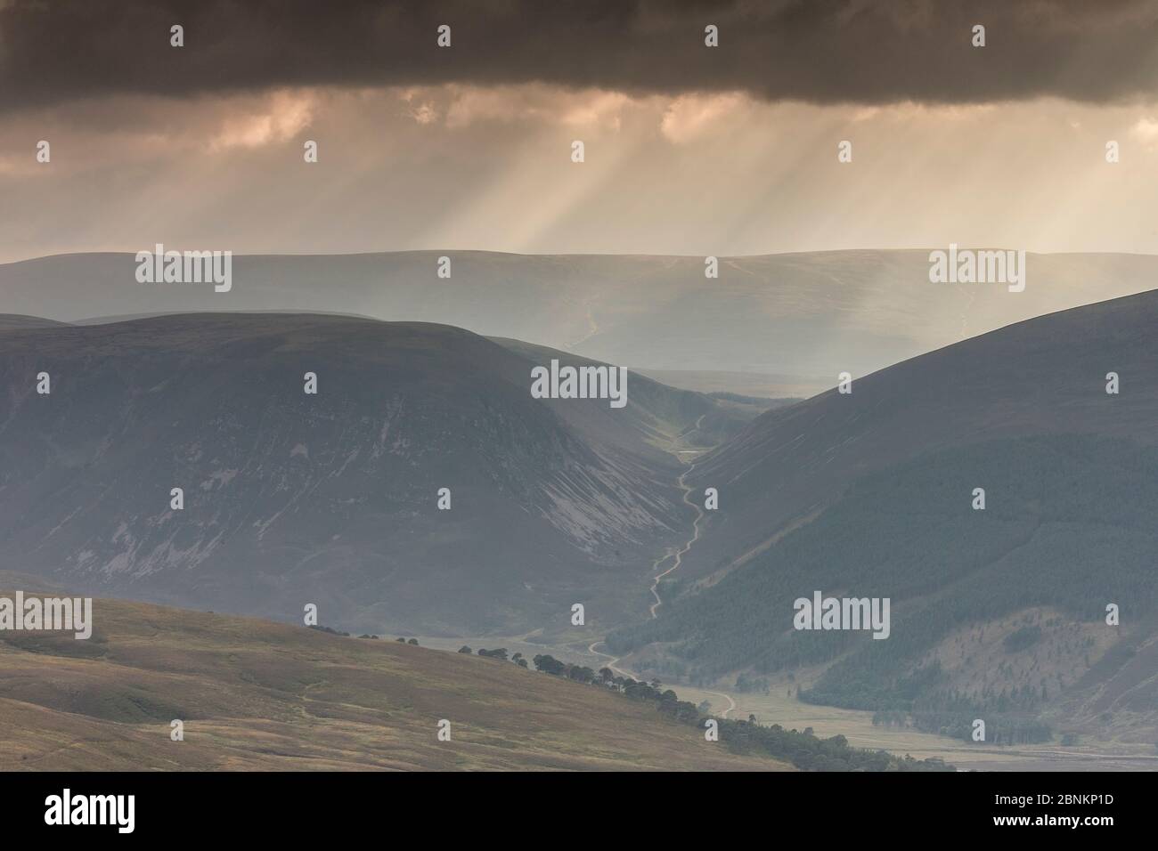 Die Wellen des Lichtes über Glenfeshie, Cairngorms National Park, Schottland, UK, September 2013. Stockfoto