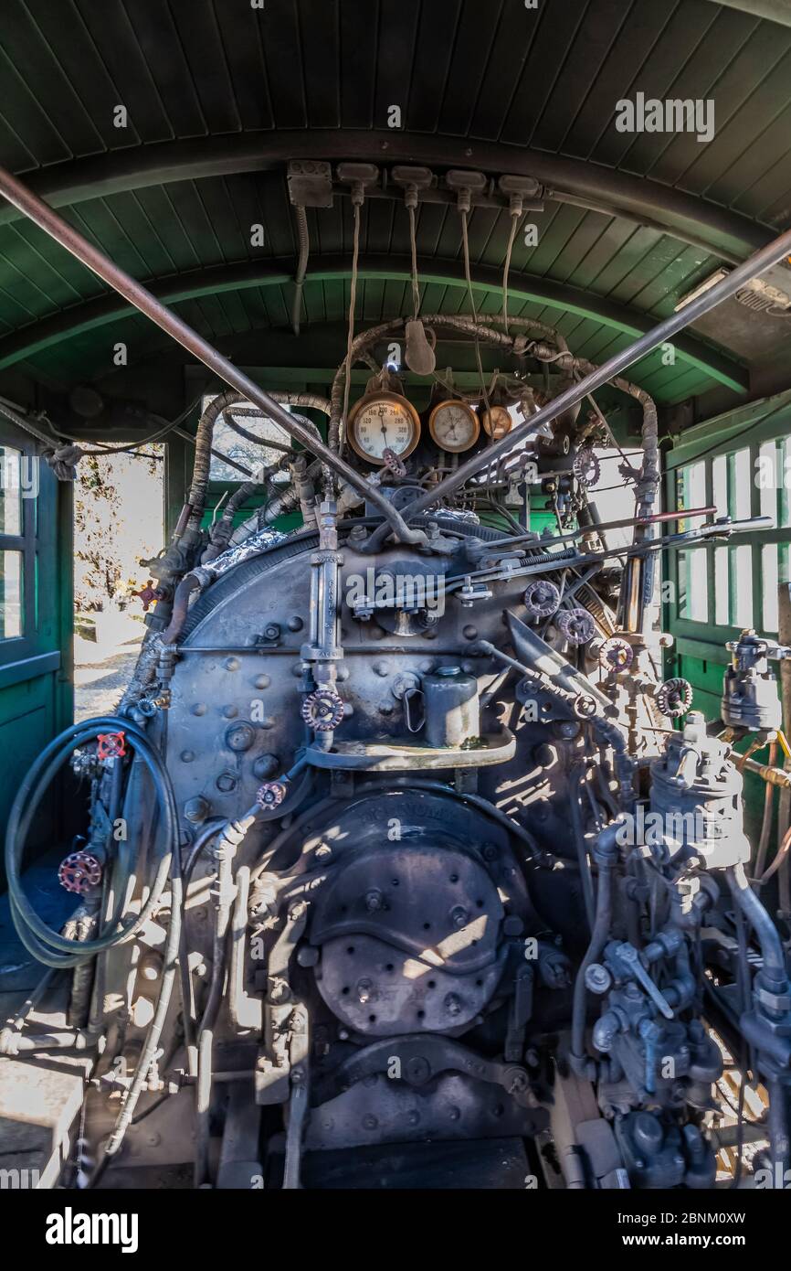 Kabine der Dampflokomotive bereit für einen Einsatz am Bahnhof Chama der Cumbres & Toltec Scenic Railroad in Chama, New Mexico, USA Stockfoto