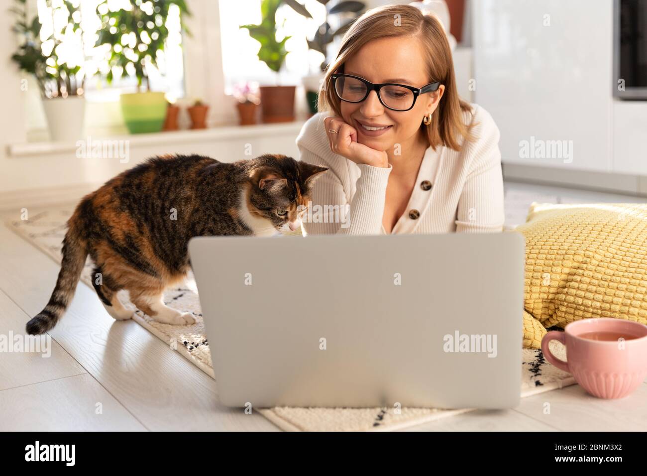 Freiberufliche Frau liegt im Wohnzimmer auf dem Teppich, Webinar ansehen. Frau mit ihrer Katze im Gespräch durch Video-Chat mit ihrer Familie, die in Isolation sind Dur Stockfoto
