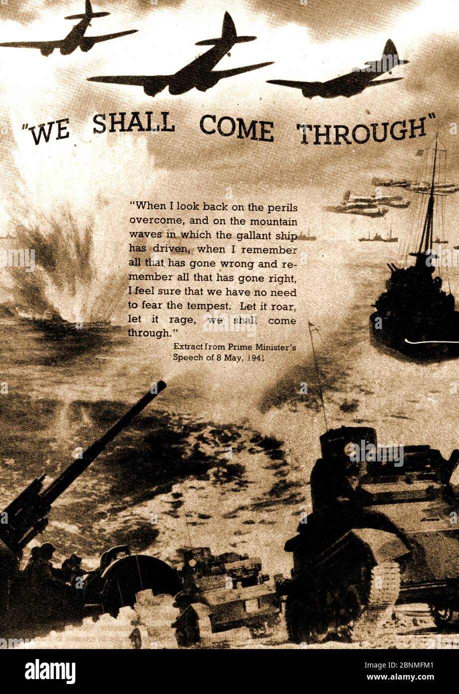WWII - EIN gedrucktes Bild von 1941, das eine bildhafte Erinnerung an Winston Churchills Rede vom 8. Mai 1941 zeigt - 'We shall come through' Stockfoto