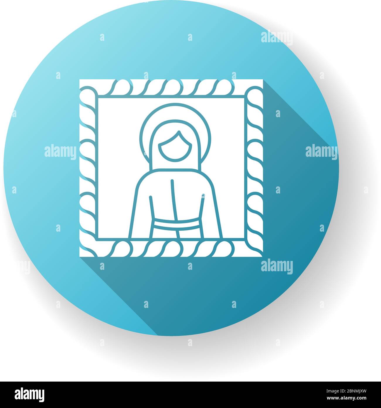 Mittelalterliche Kunst Stil blau flaches Design lange Schatten Glyphe Symbol. Europäische Kulturbewegung. Religiöse Malerei. Saint-Portrait-Kunstwerke. Christliche Ikonographie. Silhouette RGB-Farbdarstellung Stock Vektor