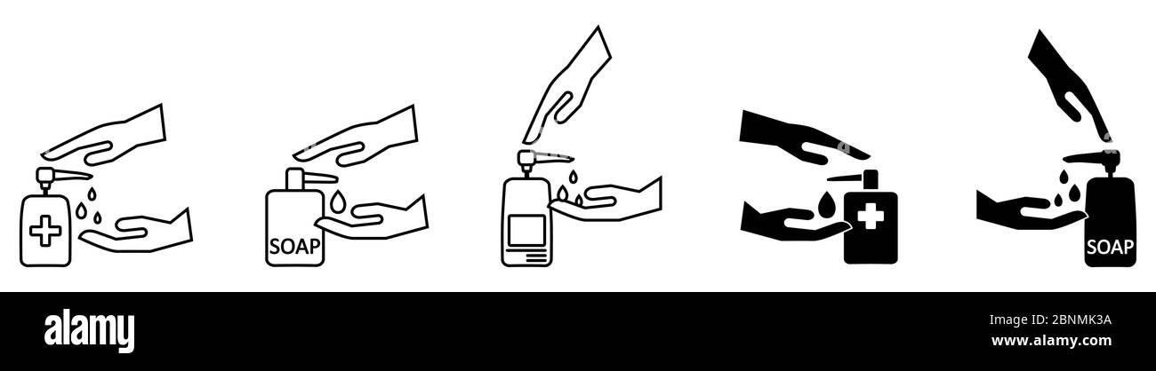 Drücken Sie das Symbol für das Reinigungsgel mit Alkohol oder Hände auf Seife. Zeichen für persönliche Hygiene - kann während des Coronavirus Covid-19-Ausbruchs verwendet werden Stock Vektor