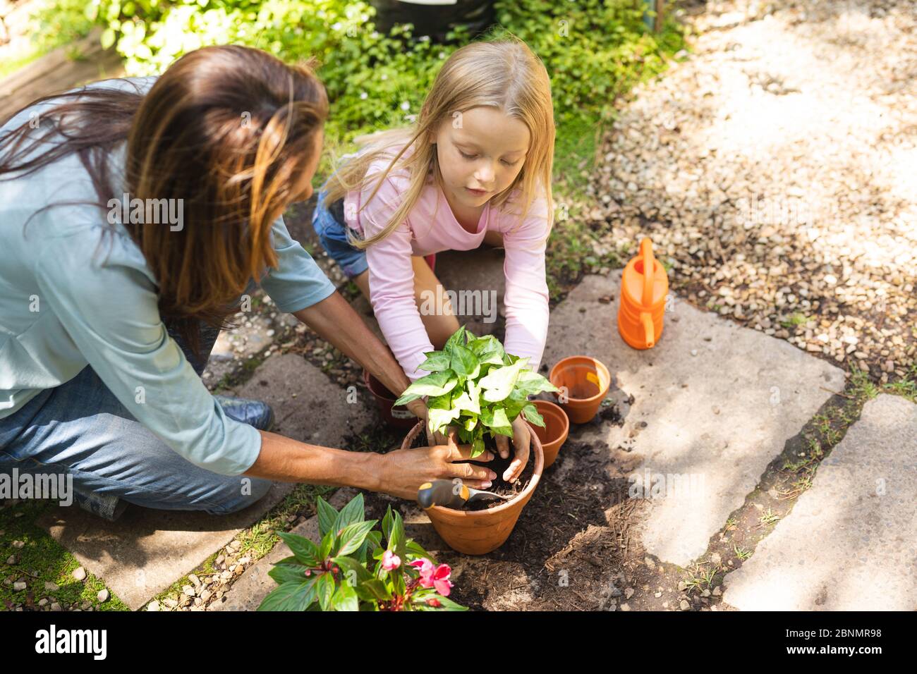 Eine kaukasische Frau und ihre Tochter Pflanzen einen Sämling in einem sonnigen Garten Stockfoto