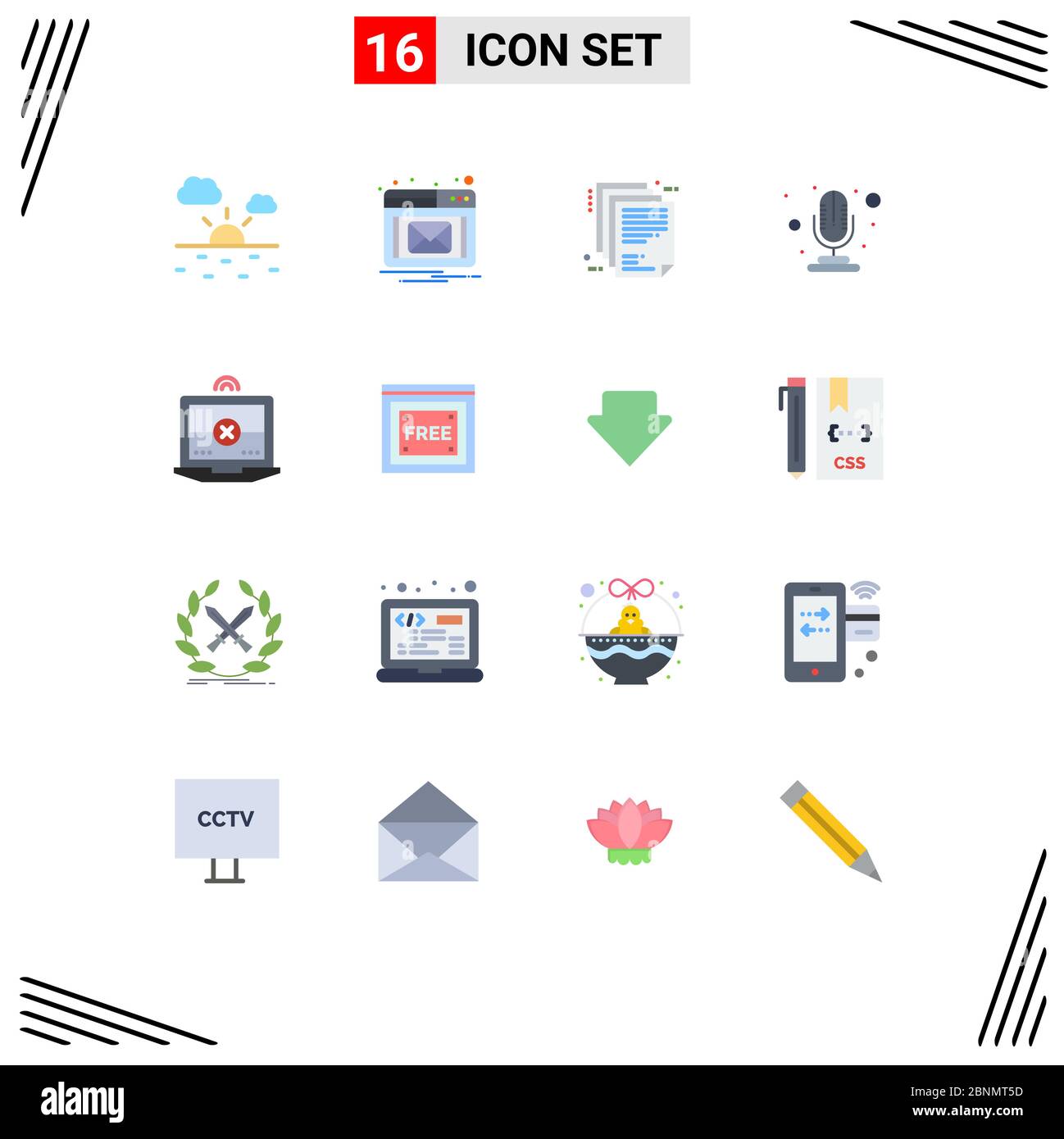 Packung mit 16 modernen flachen Farben Zeichen und Symbole für Web Print Medien wie freier Zugang, Computer, Unternehmensarchitektur, Laptop, Mikrofon Editab Stock Vektor