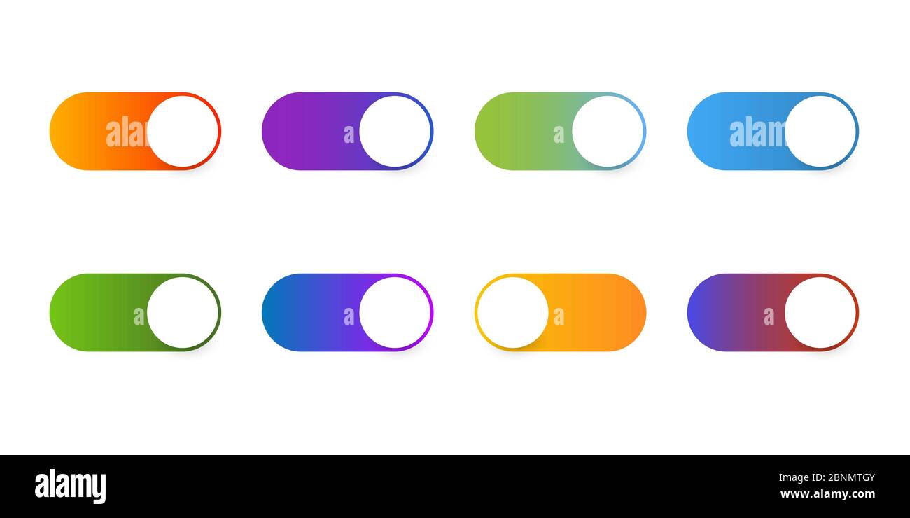 Schalter für die Knöpfe. Schieberegler für die Tasten „Festlegen“. Farbige helle Schieberegler-Tasten für die Anwendung. Web Icons ui für Smartphone. Vektorgrafik. E Stockfoto