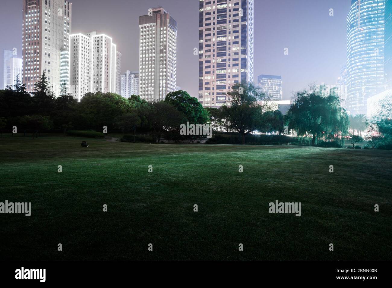 Asien, China, Shanghai, Parklandschaft bei Nacht mit Wolkenkratzern Stockfoto