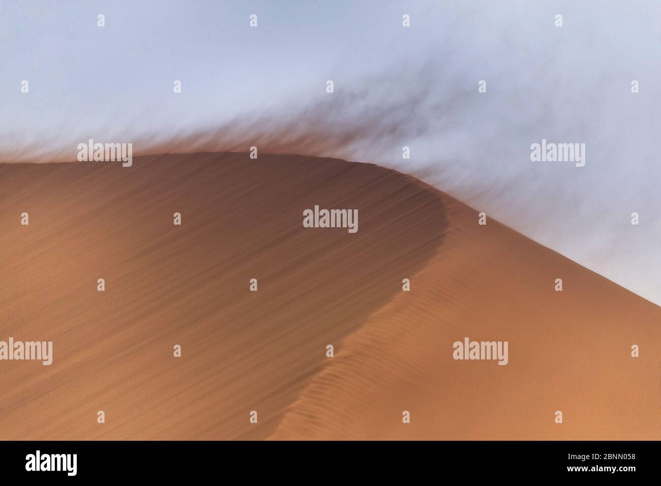 Sehr starker Wind weht Sand vom Gipfel der Düne 45, Namib Wüste, Namib - Nauckluft Nationalpark. Namibia. Stockfoto