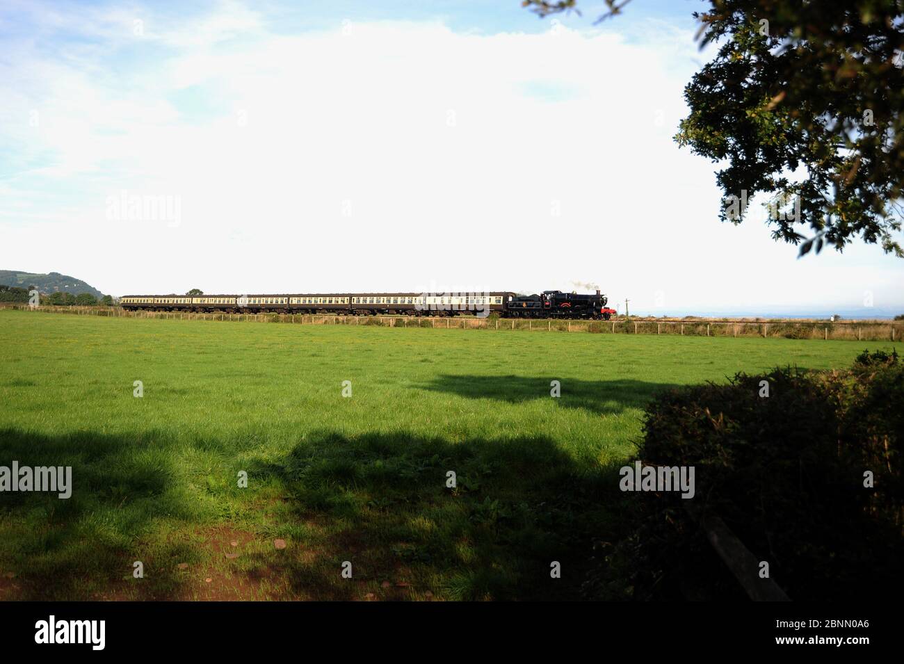 'Lydham Manor' nähert sich Blue Anchor mit einem Zug von Minehead nach Bishops Lydeard. Stockfoto