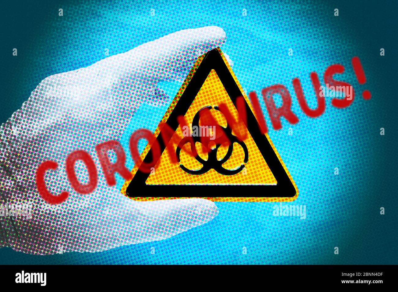 Fotomontage, der Schriftzug Coronavirus vor einem Biohazard-Schild Stockfoto