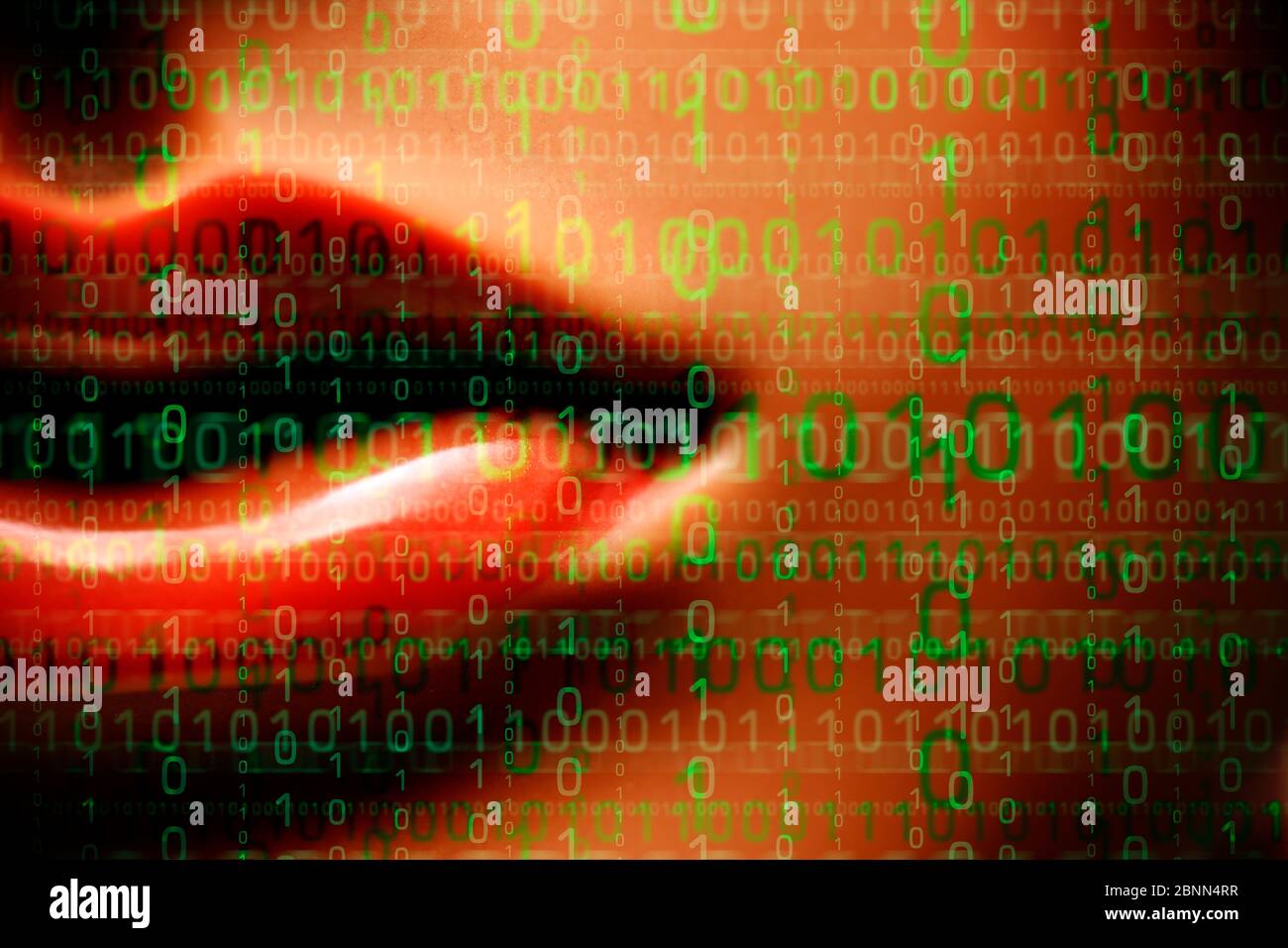 Schaufensterpuppe Mund und binärer Code, symbolisches Foto für virtuelle Erotik Stockfoto