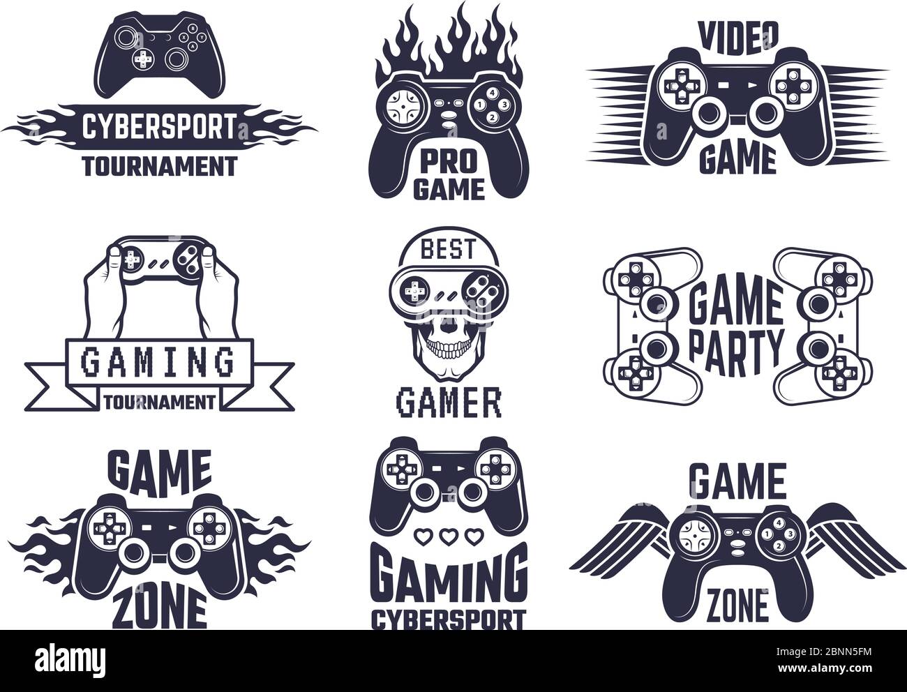 Logo-Set für Spiele. Videospiele und Cyber-Sport-Labels Stock Vektor