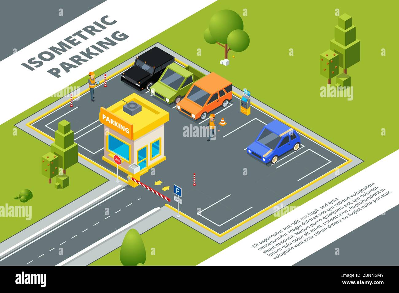 Isometrische Illustrationen von städtischen gebührenpflichtigen Parkplätzen mit verschiedenen Autos Stock Vektor