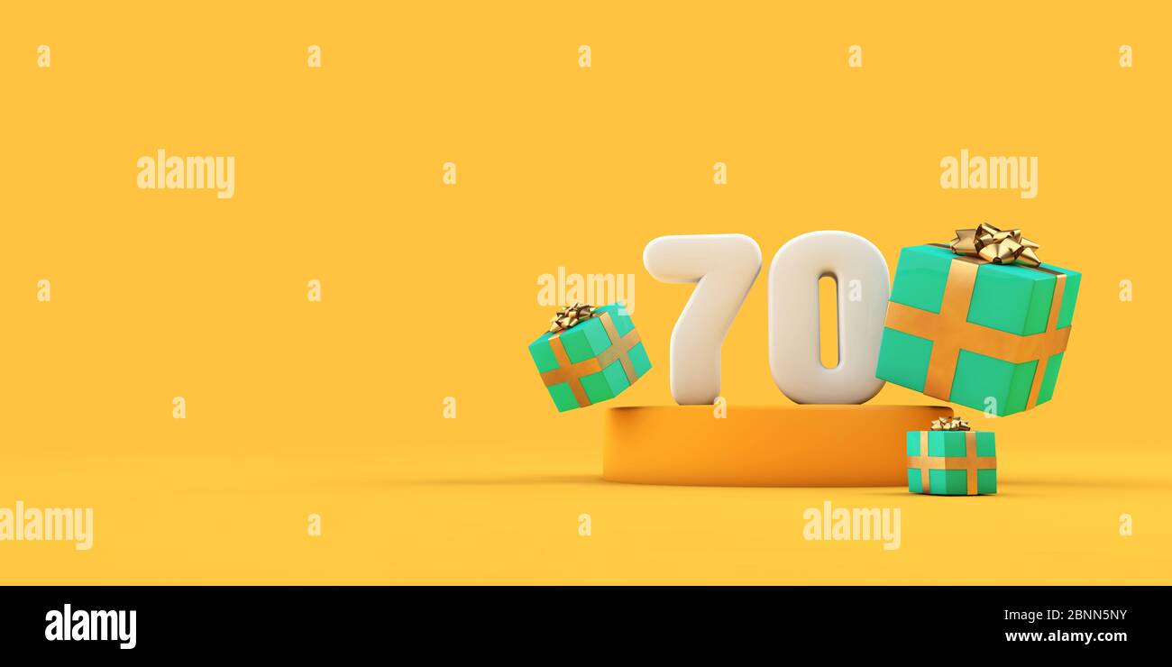 Happy 70. Geburtstag Nummer und Geschenke auf einem gelben Podium. 3D-Rendern Stockfoto
