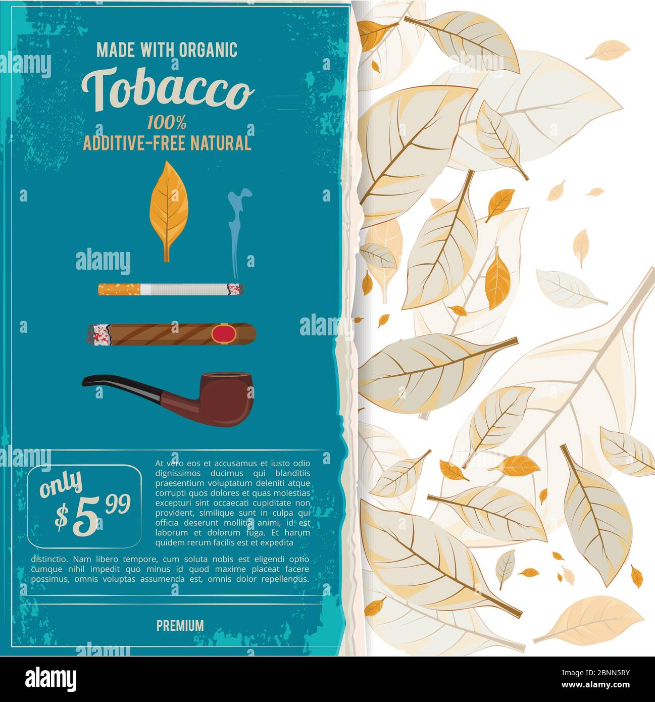 Hintergrundbilder mit Tabakblättern, Zigaretten und verschiedenen Werkzeugen für Raucher Stock Vektor