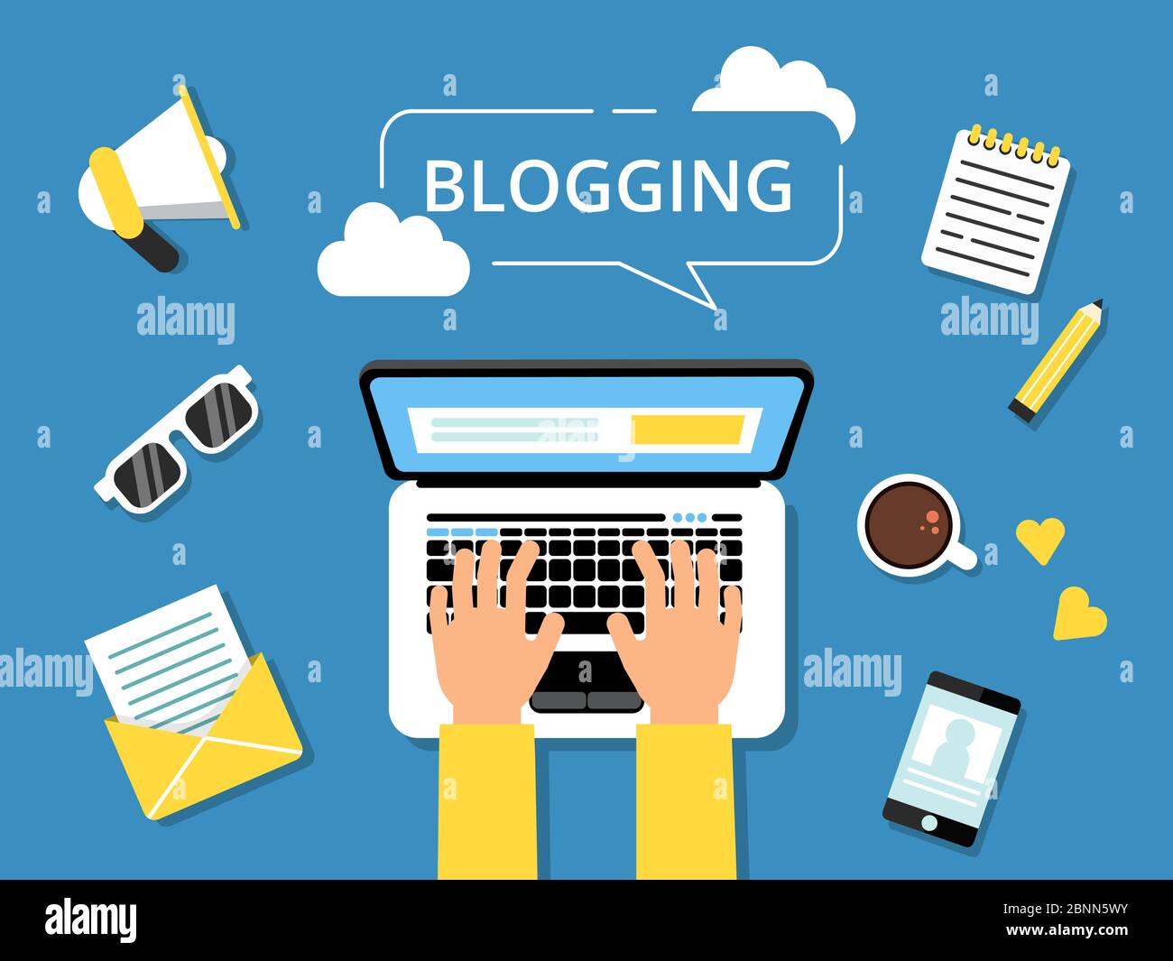 Bild des Blogging-Konzepts. Praktische Laptops und verschiedene Werkzeuge für Autoren Stock Vektor