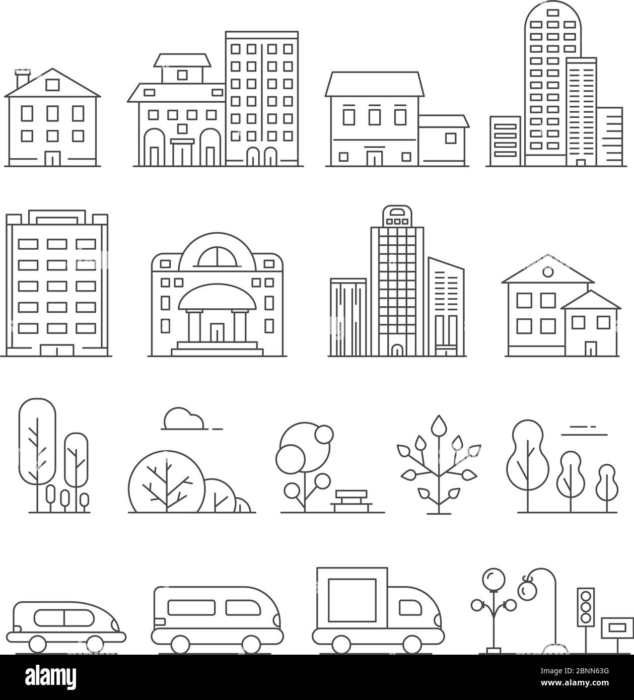 Gebäude und städtische Objekte. Vektor lineare Bilder von Autos, Haus und städtischen Bäumen Stock Vektor