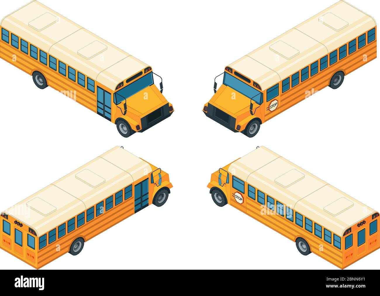 Schulbus isometrisch. Verschiedene Ansichten des Schulbusses Stock Vektor