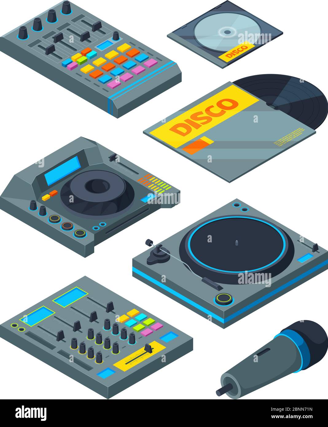 DJ isometrische Werkzeuge. Verschiedene Instrumente für DJ Stock Vektor