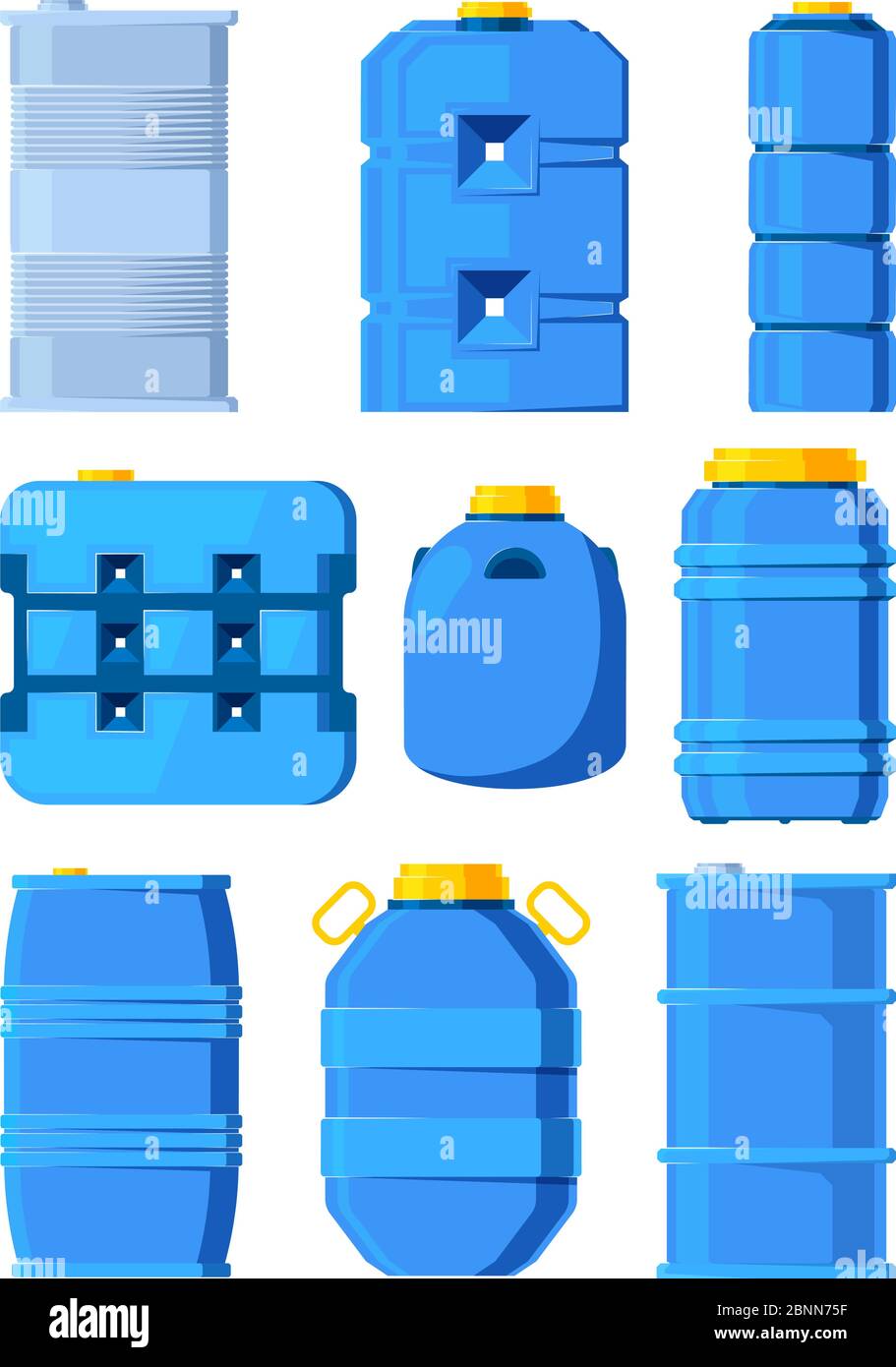 Wassertanks. Set von verschiedenen Fässern im Cartoon-Stil Stock Vektor