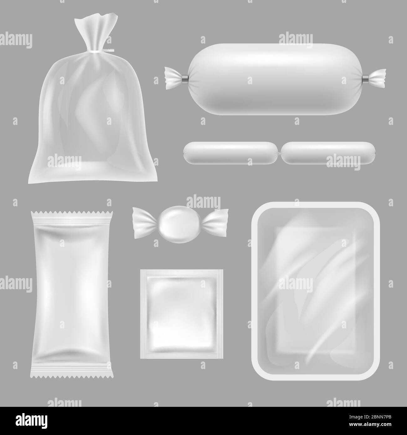 Leere Lebensmittelverpackungen. Vektor realistische Bilder von Polyethylen-Verpackungen Stock Vektor