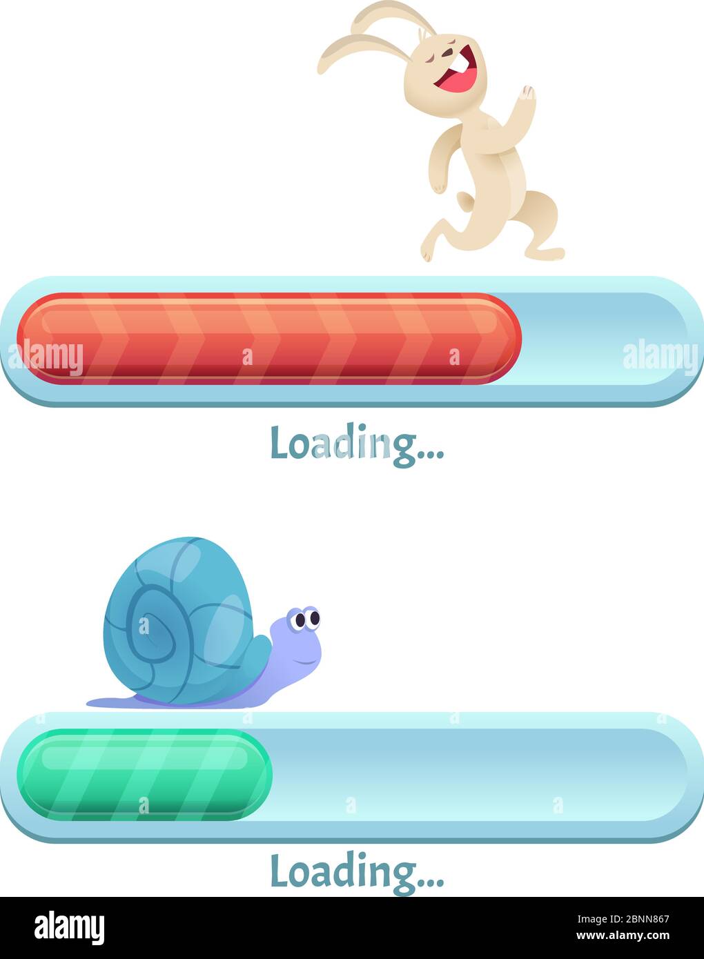 Leiste für schnellen Download. Geschäftskonzept des Computer-Internet-Anschluss-Typ schnelle Kaninchen und langsame Schnecke in dynamischen Posen Vektor Cartoon ui Stock Vektor