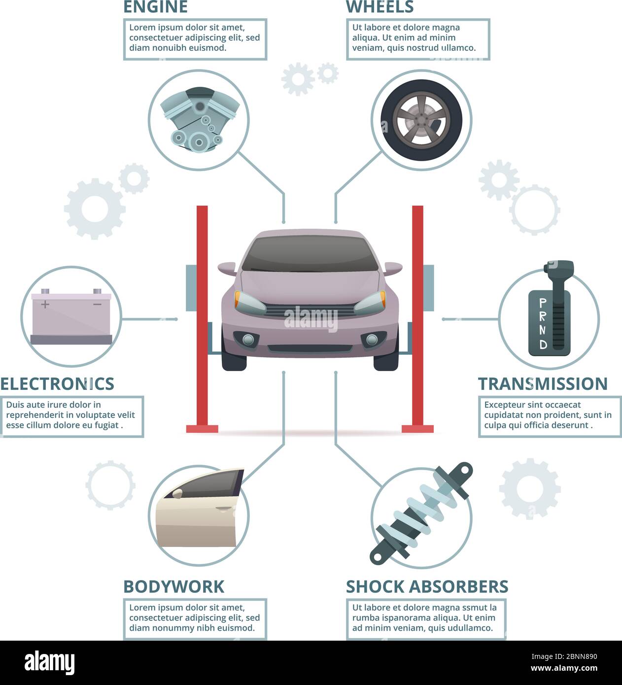 Infografik zur Kfz-Reparatur. Auto-Industrie Teile Automobil-Tuning-Getriebe Räder Motor Stoßdämpfer. Bilder von Vector Technician Stock Vektor