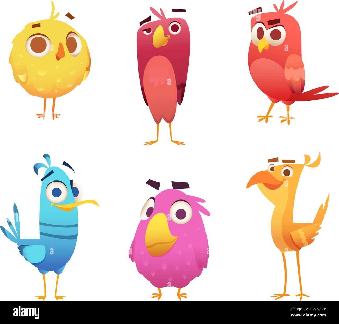 Wütende Cartoon Vögel. Hühneradler kanarischen Tier Gesichter und Federn Vektor-Spiel Zeichen von farbigen Vögeln Stock Vektor