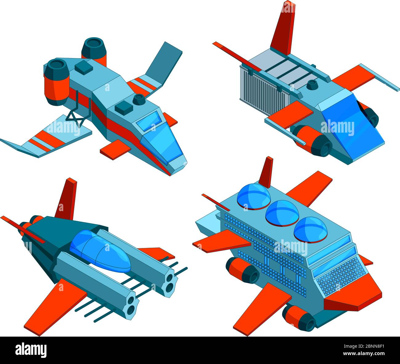 Raumschiffe isometrisch. Space Technologies Fracht-und Kriegsschiffe Luftbomber 3d-Vektor Low Poly Raumschiffe isoliert Stock Vektor