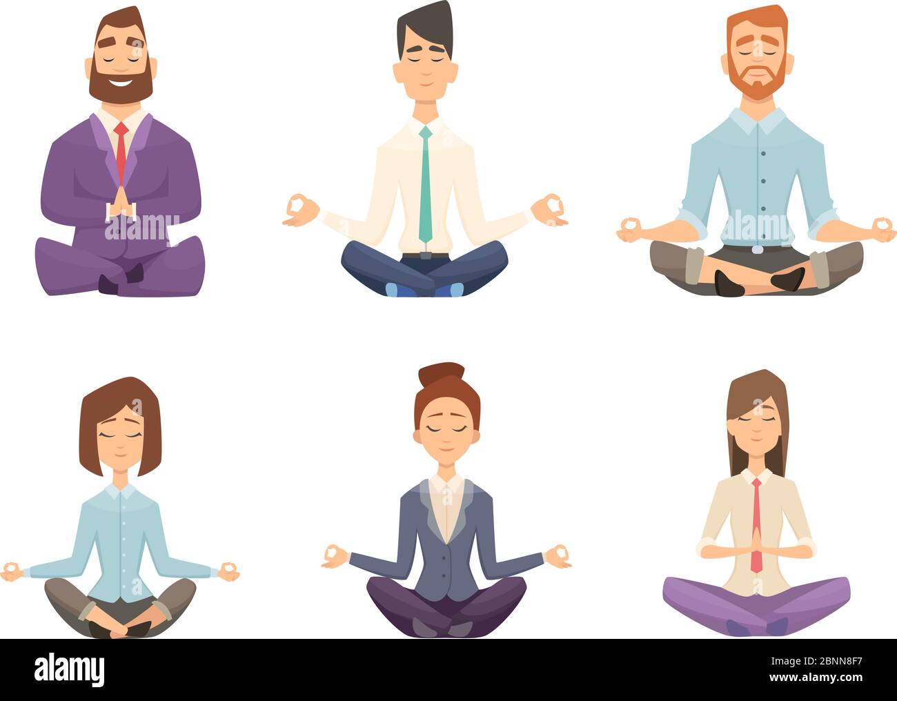 Business Yoga. Mann und Frau entspannende Meditation am Arbeitsplatz Tisch Vektor-Konzept Cartoon-Illustration Stock Vektor