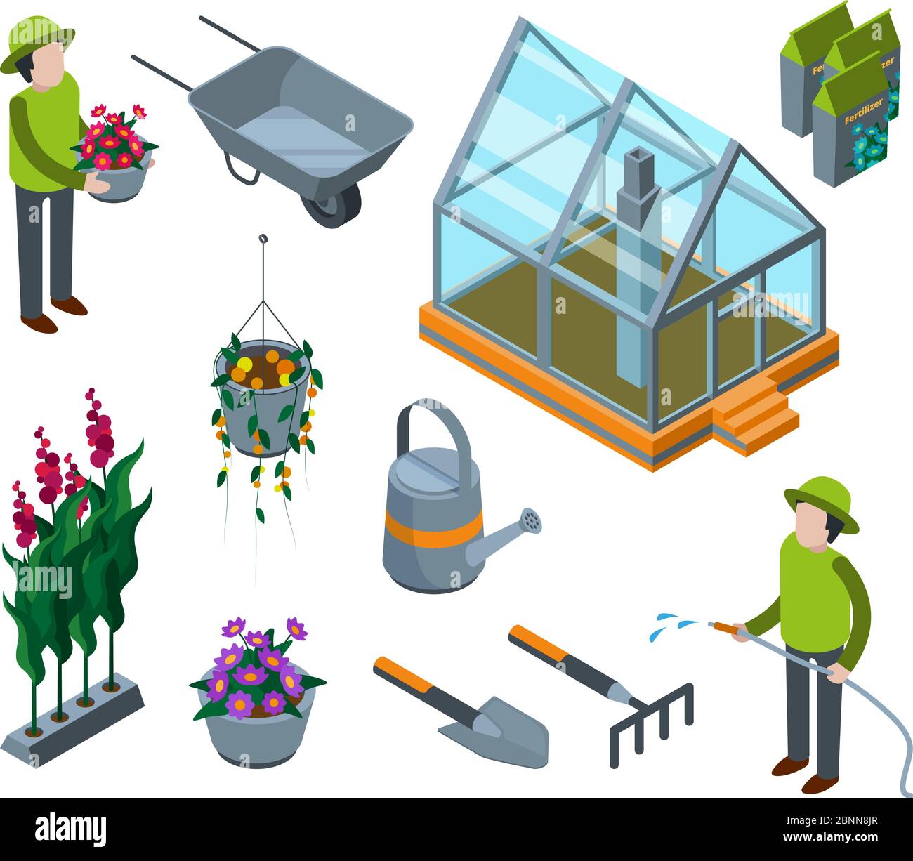 Gewächshausblumen. Landwirtschaftliche Konzept 3d Glashaus mit Pflanzen Gemüse Obst Bäume Kindergarten Vektor isometrische Illustrationen Stock Vektor
