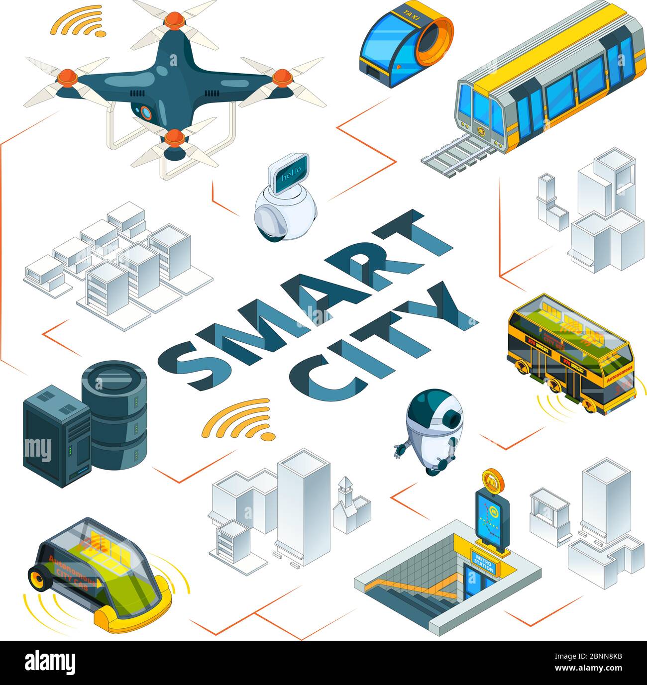 Smart City 3d. Urban Future Technologies Smart Gebäude und Sicherheit Fahrzeug Drohnen Autos Lieferung Transport Vektor isometrische Bilder Stock Vektor