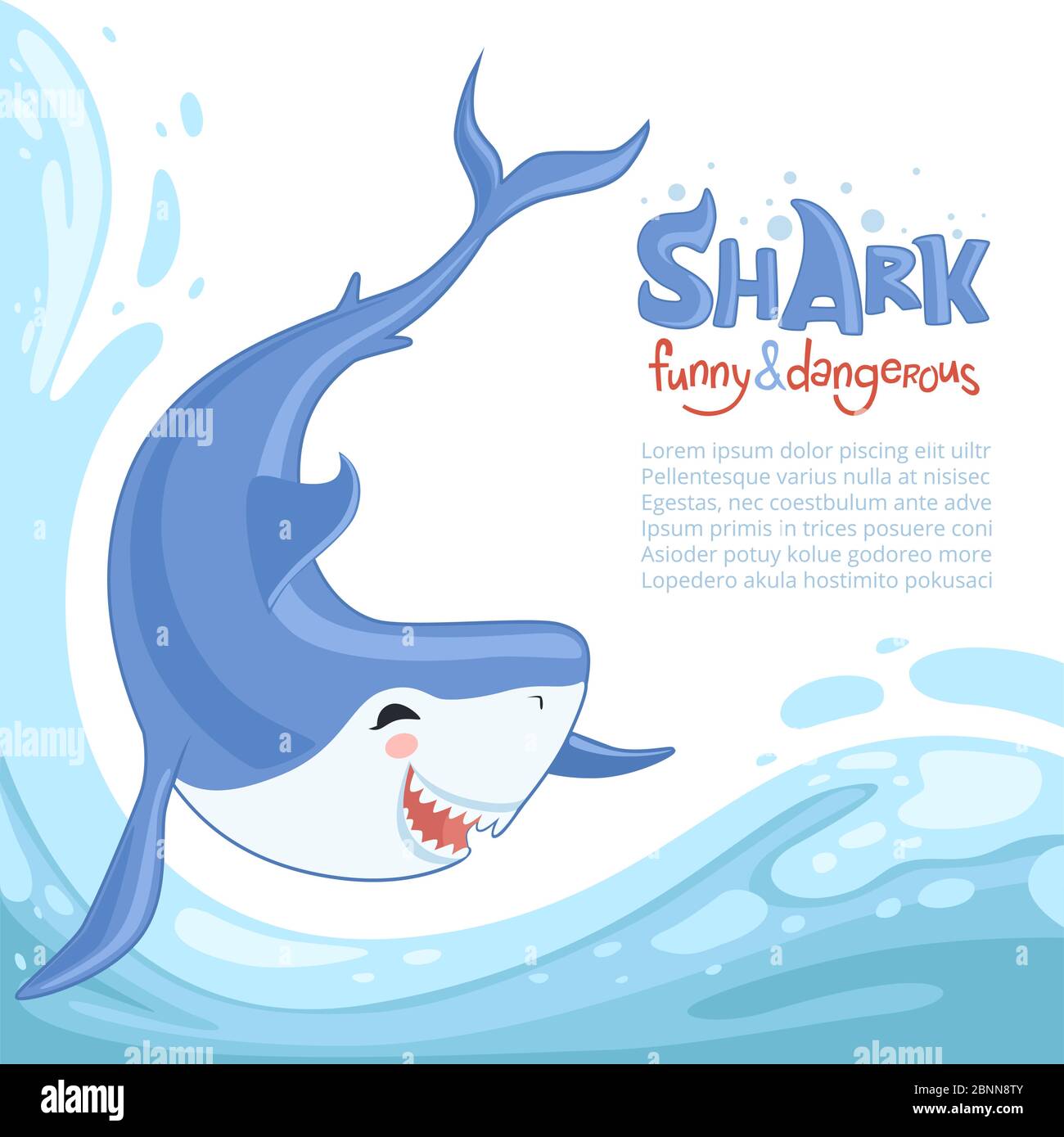 Hintergrund der Haiangriffe. Blaue gefährliche Fische mit großen Zähnen Schwimmen Meer Meerwasser. Vektor Cartoon Hintergrund Tier Sprünge springen Stock Vektor