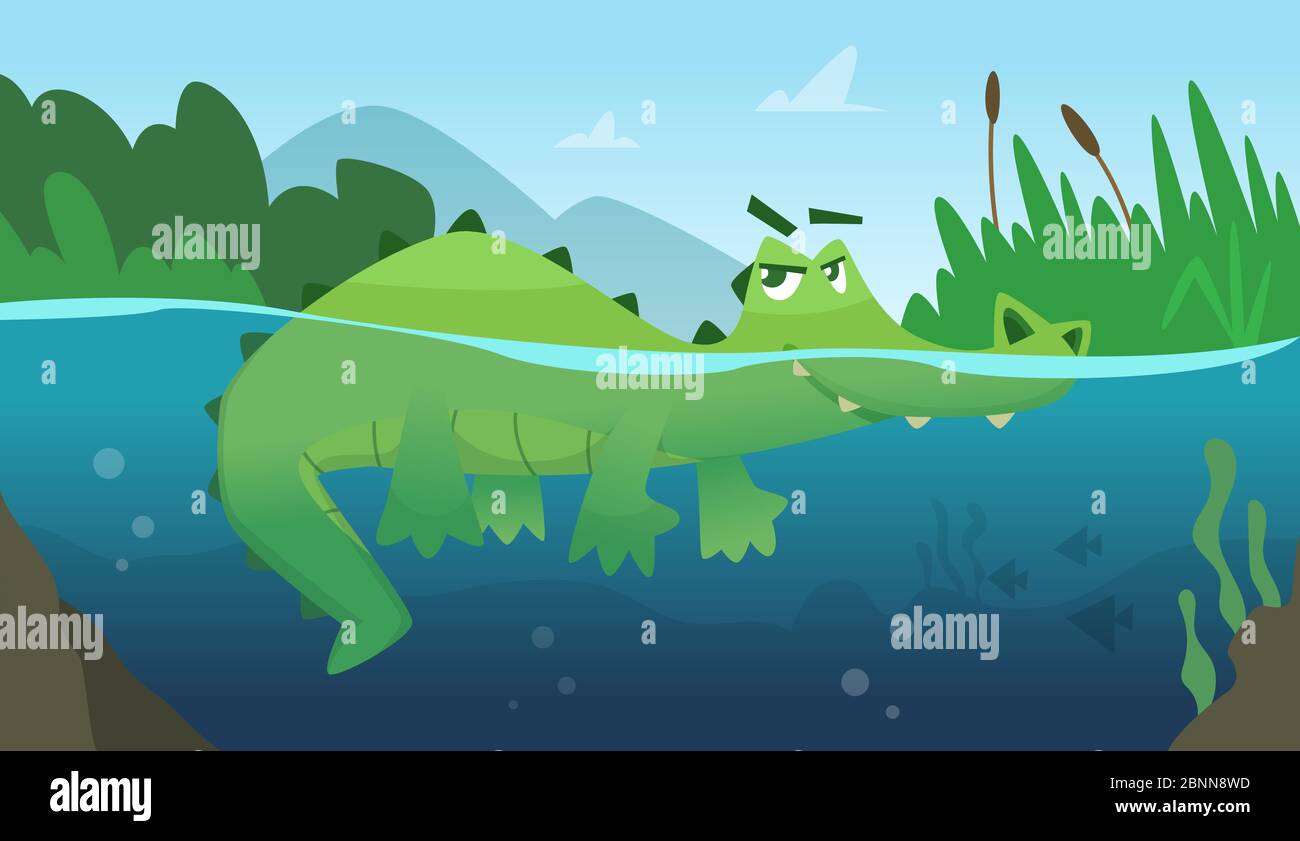Krokodil im Wasser. Alligator Amphibian Reptil wild grün wütend wild Tier schwimmen Vektor Cartoon Hintergrund Stock Vektor