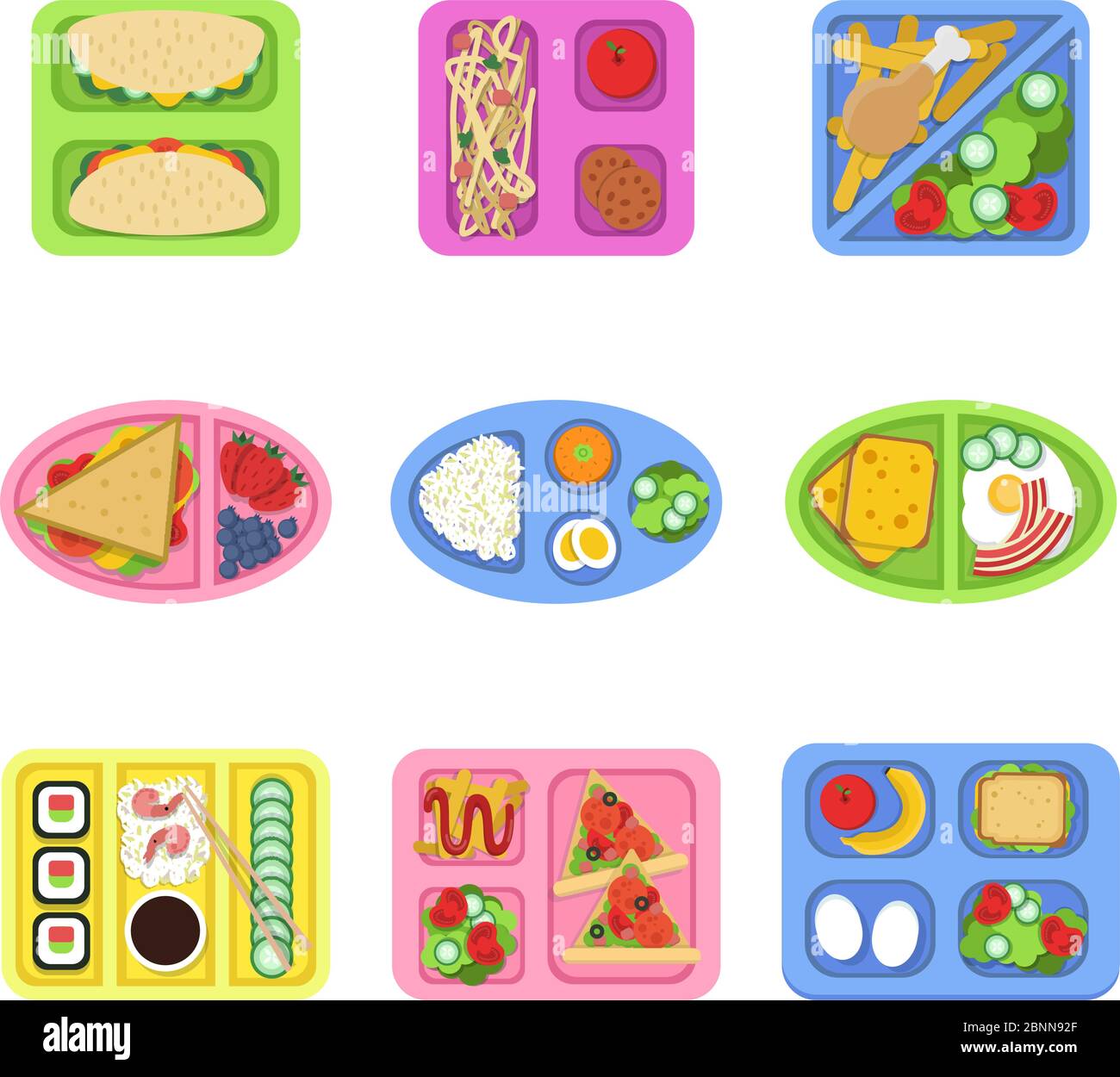 Lunchbox. Schule frisches gesundes Essen in Plastikbehältern mit Gemüse, Mahlzeit und in Scheiben geschnittenen Produkten zum Frühstück. Vektorbilder Stock Vektor