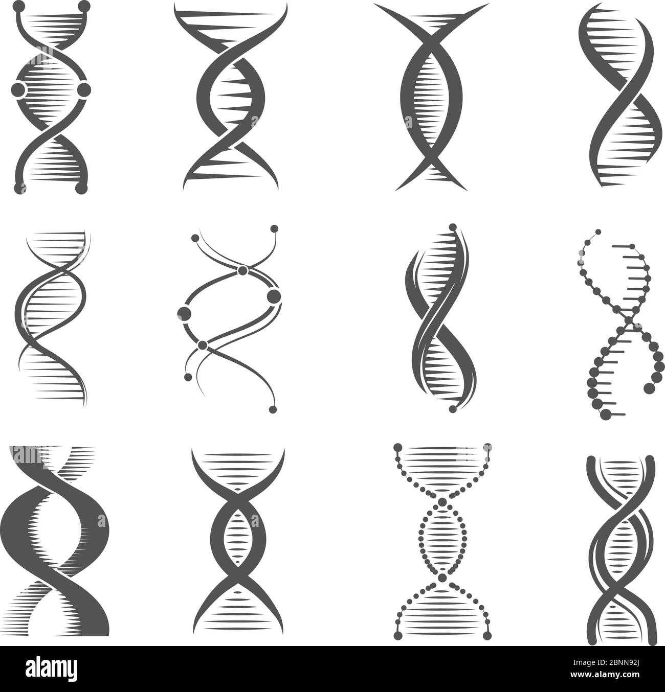 Symbole der DNA-Spirale. Helix Humantechnologie Forschung Molekül und Chromosom medizinische und pharmazeutische Vektorsymbole Stock Vektor
