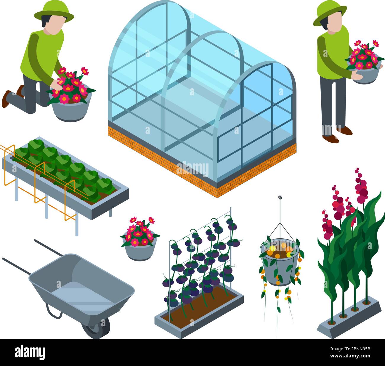Gewächshaus isometrisch. Landwirtschaftliche Schubkarre Glashäuser für Tomaten Gartenbau Konzept Vektor 3d-Bilder Stock Vektor