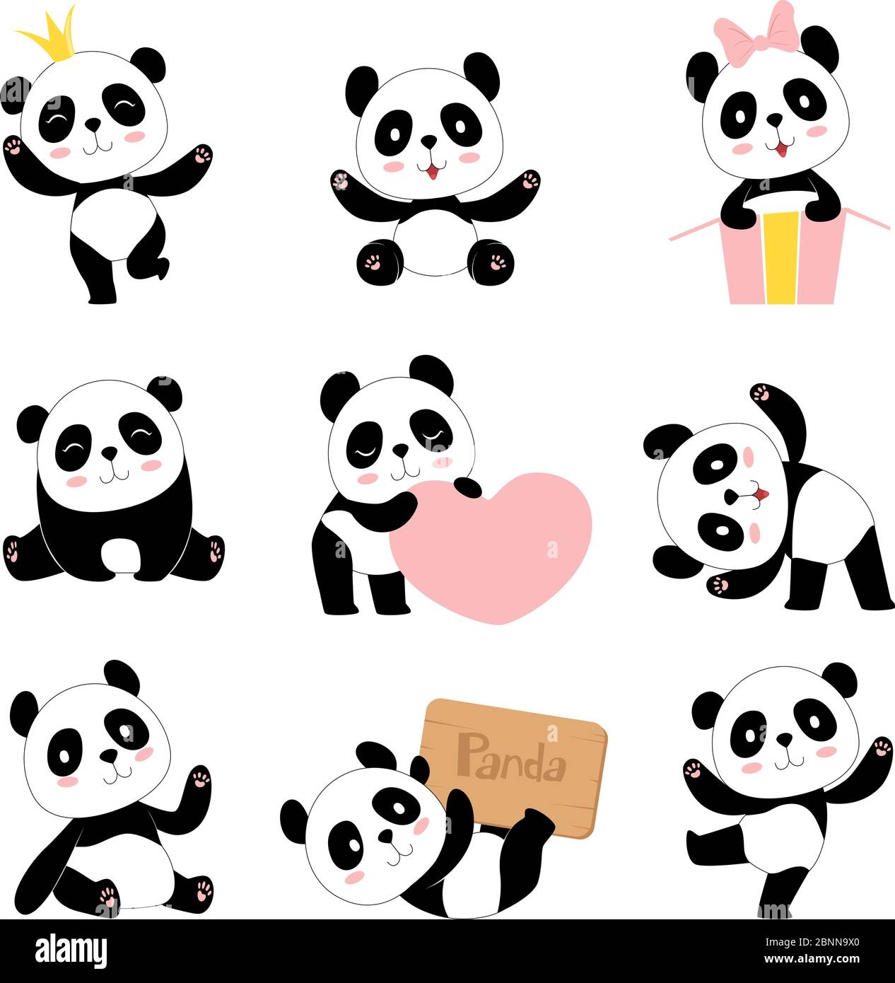 Niedliche Pandas. Spielzeug Tiere chinesische Symbole Panda tragen liebenswert lustig Baby Maskottchen Vektor-Charaktere Sammlung im Cartoon-Stil Stock Vektor